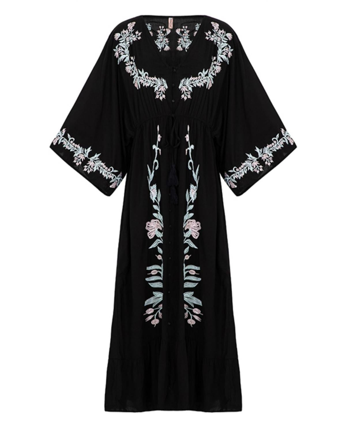 Bohemian Flower Embroidered Vintage Goddess Dress