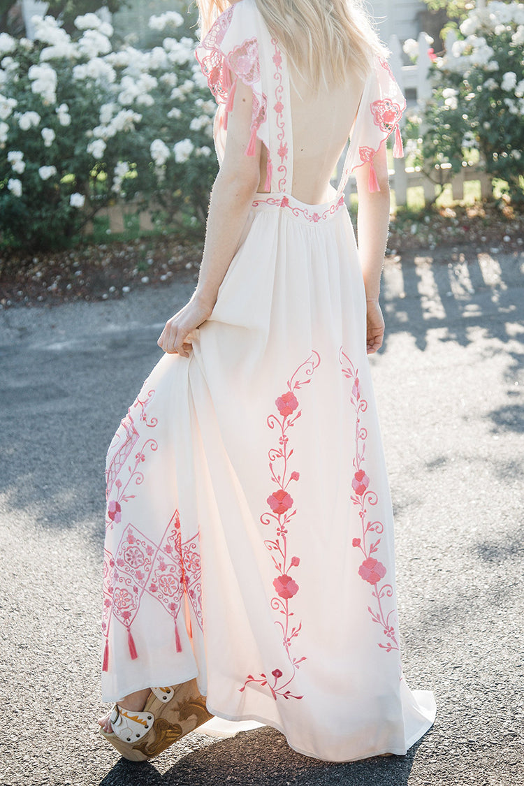 White Embroidery Hollow Tassel Decoration Dress