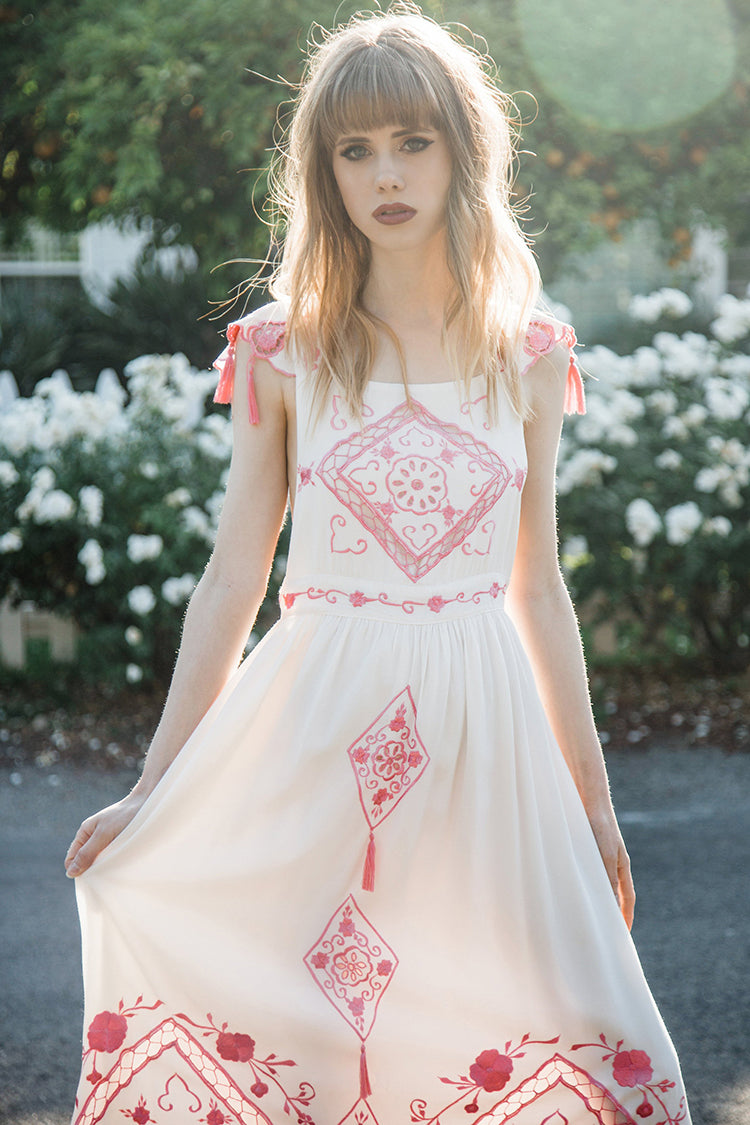 White Embroidery Hollow Tassel Decoration Dress