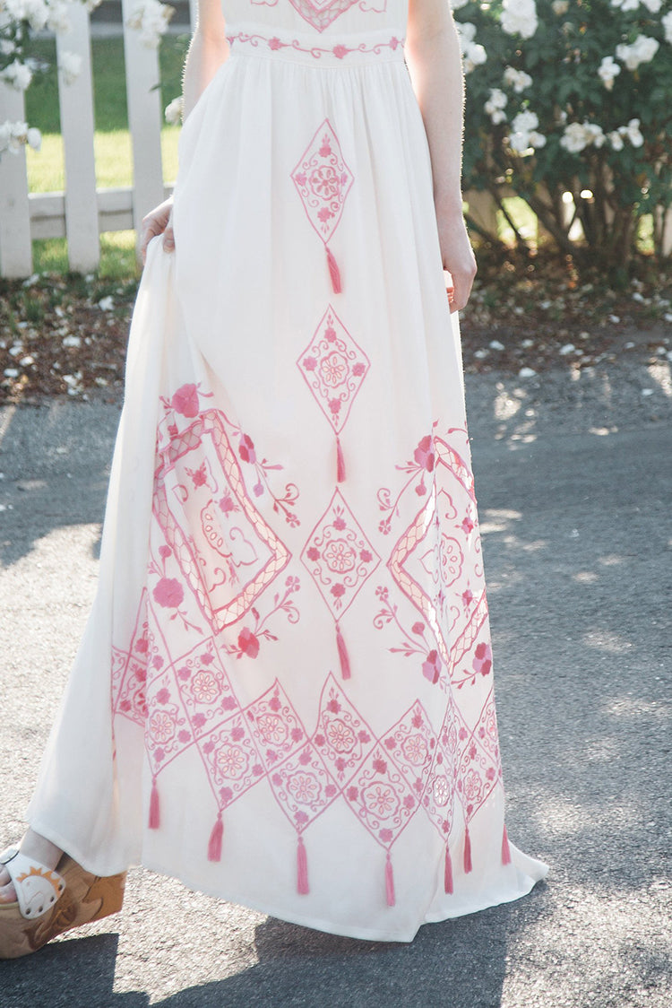 White Embroidery Hollow Tassel Decoration Dress