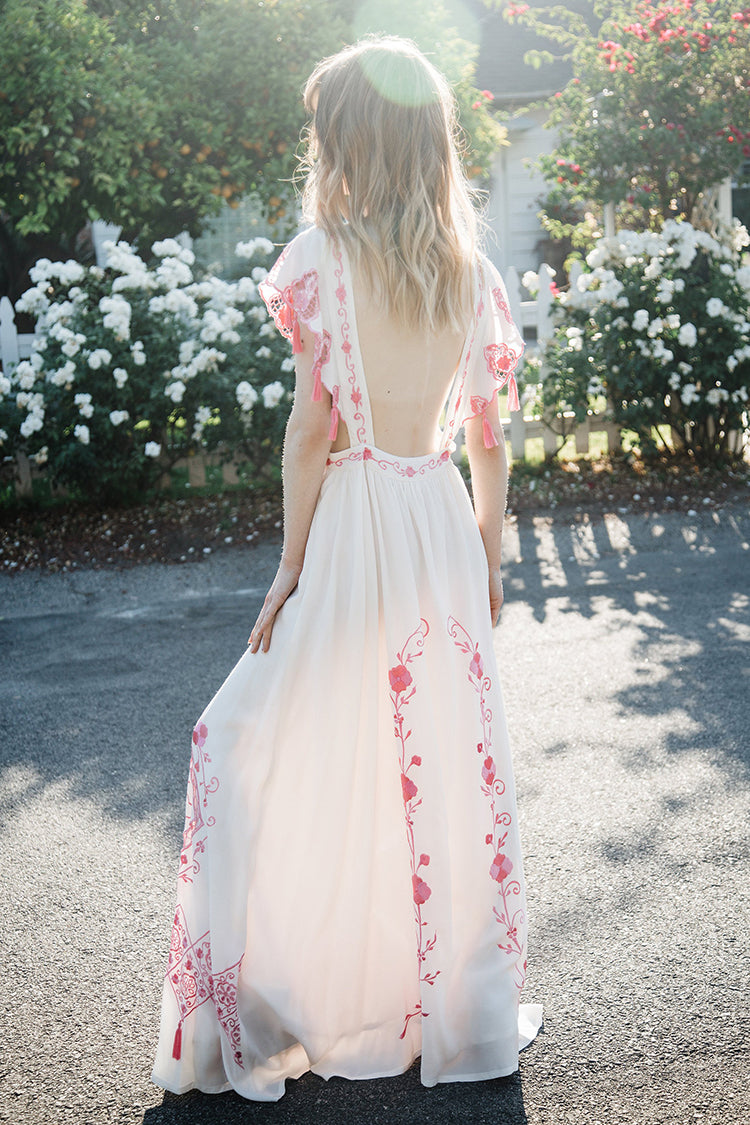 White Embroidery Hollow Tassel Decoration Dress