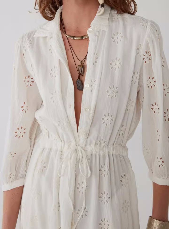 Embroidered Cotton Lapel Dress