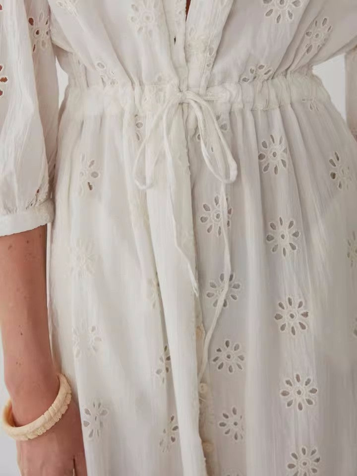 Embroidered Cotton Lapel Dress