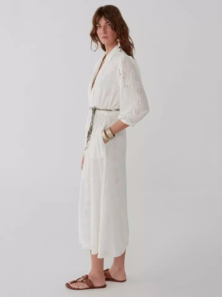 Embroidered Cotton Lapel Dress