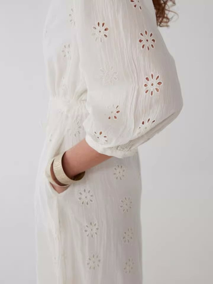 Embroidered Cotton Lapel Dress