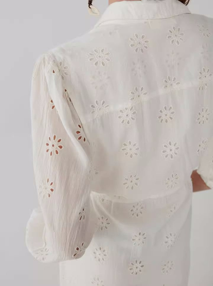 Embroidered Cotton Lapel Dress