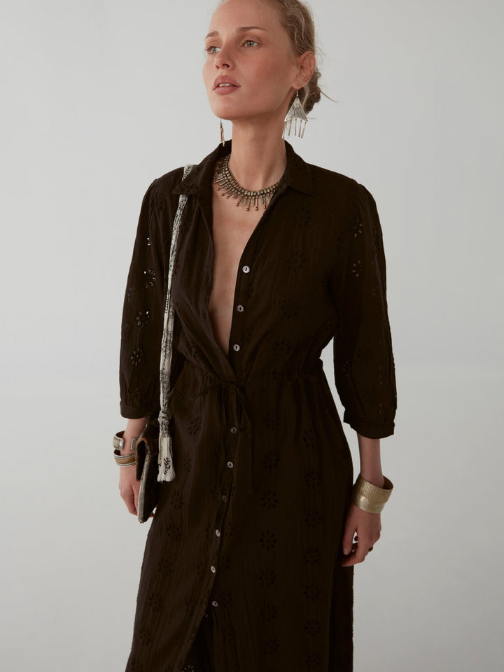 Embroidered Cotton Lapel Dress