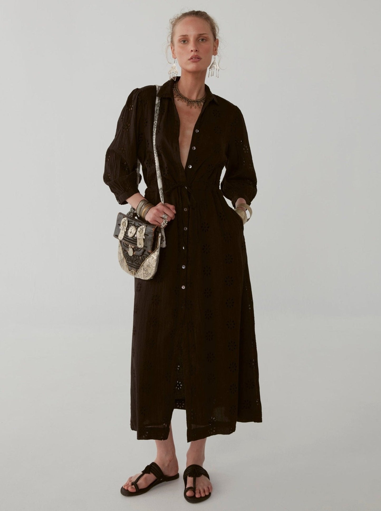 Embroidered Cotton Lapel Dress