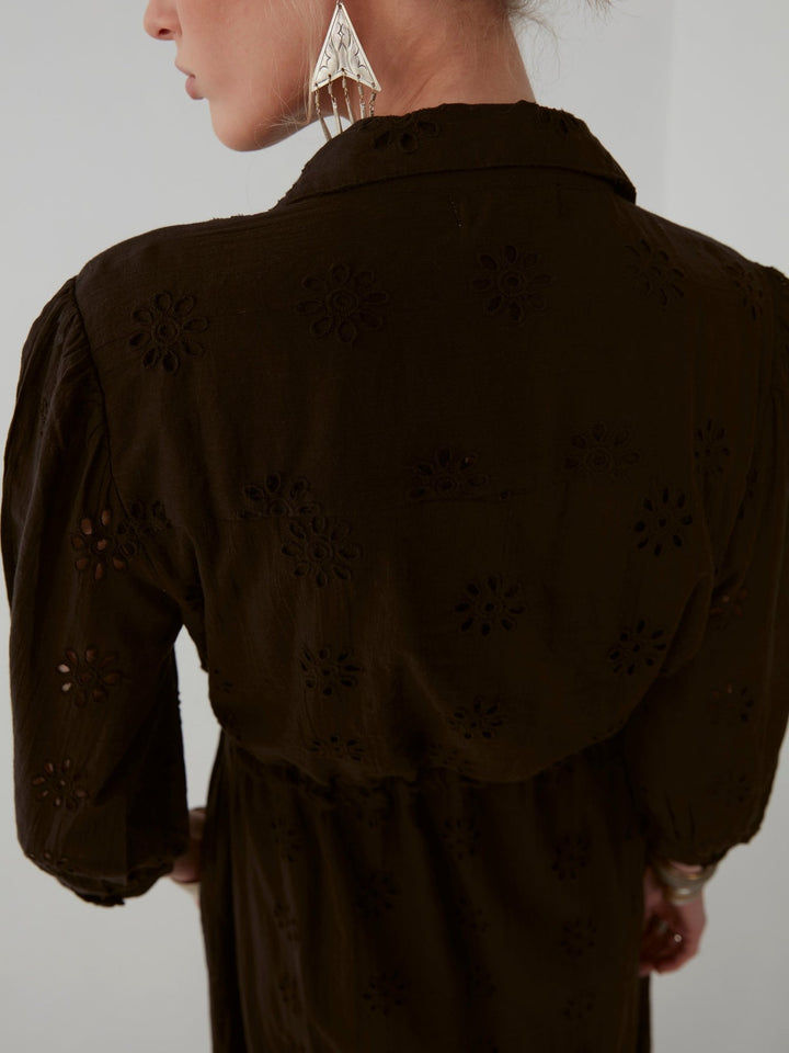 Embroidered Cotton Lapel Dress