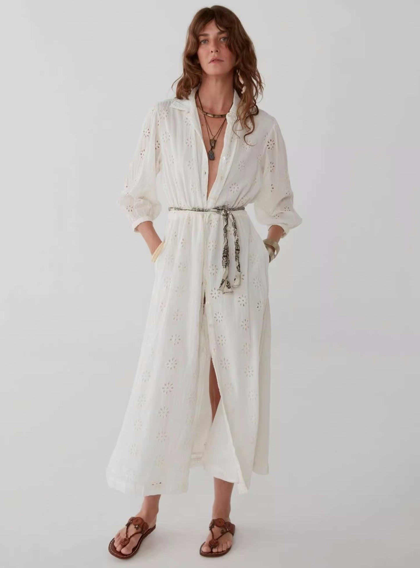 Embroidered Cotton Lapel Dress