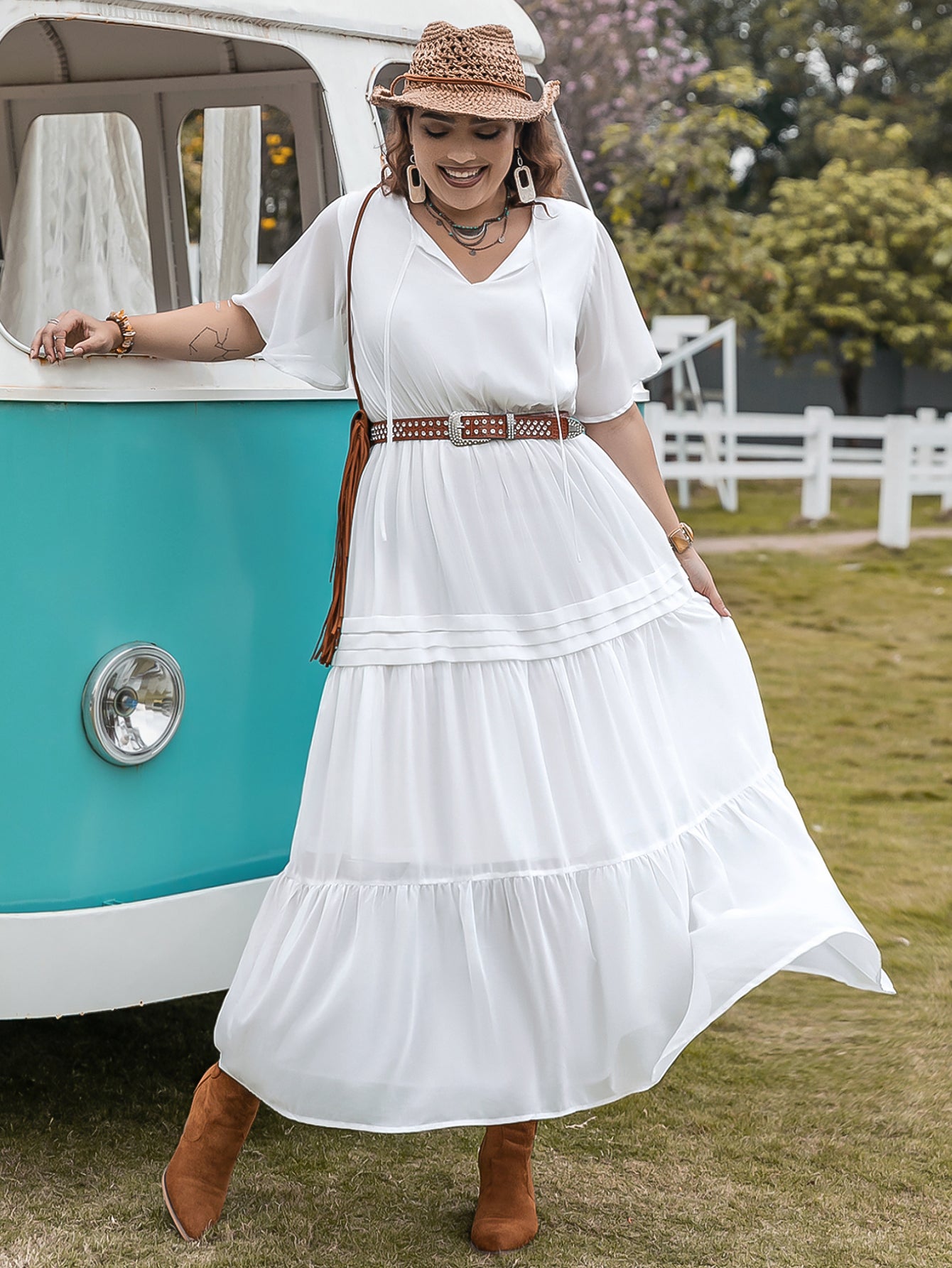 Pure White Loose V-neck Dress