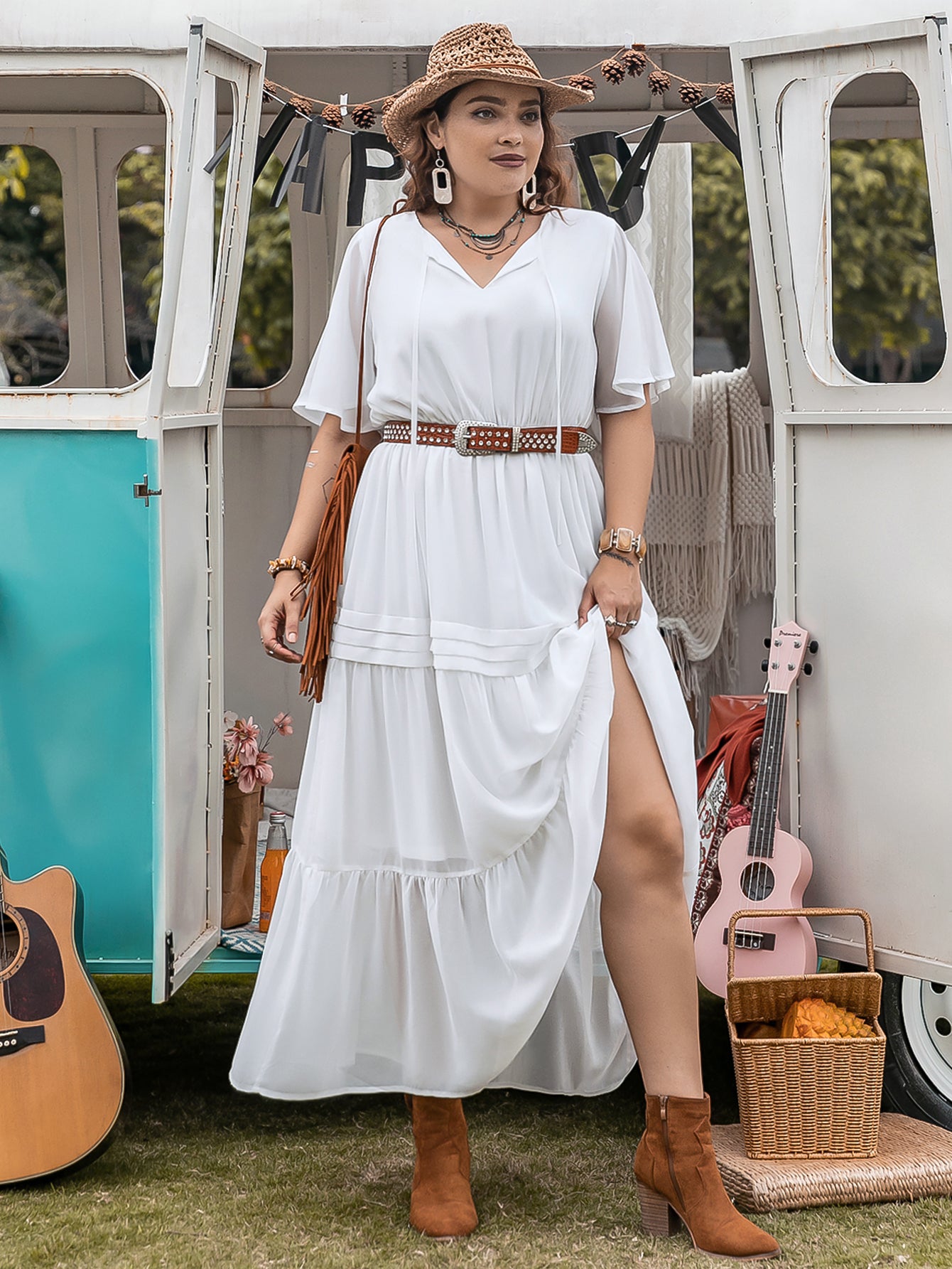 Pure White Loose V-neck Dress