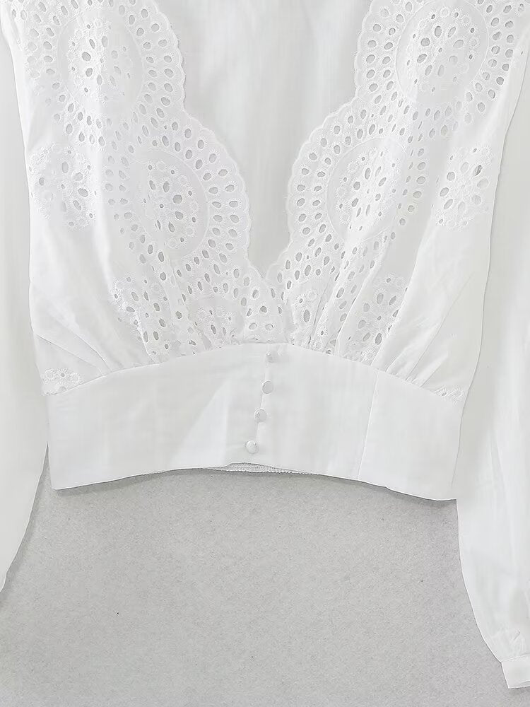 Lace V-neck Embroidery Short Blouse