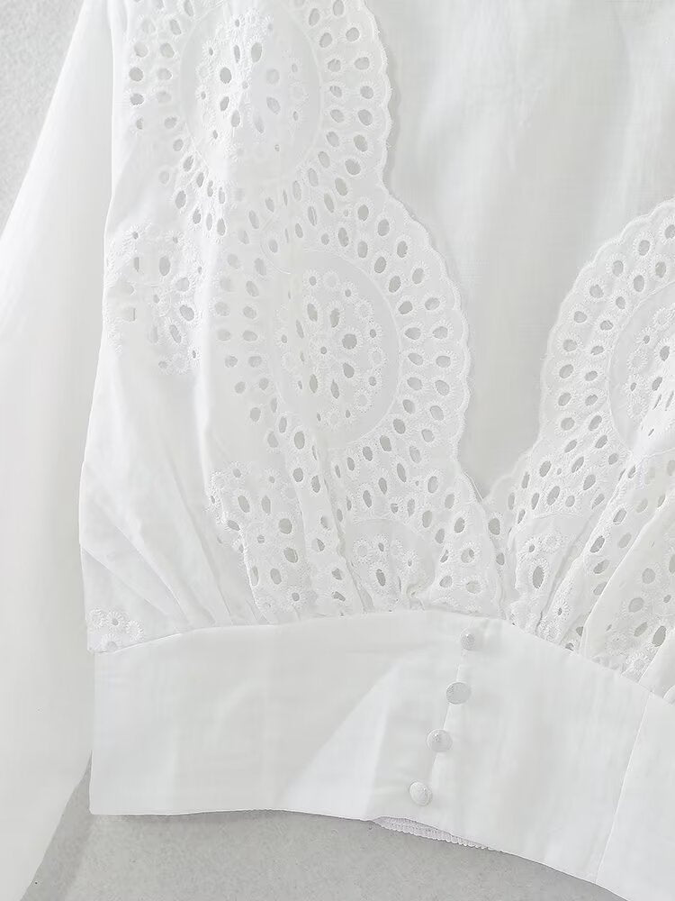 Lace V-neck Embroidery Short Blouse