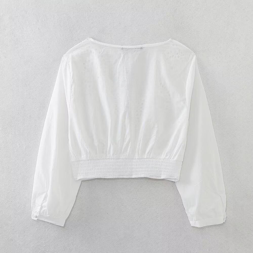 Lace V-neck Embroidery Short Blouse