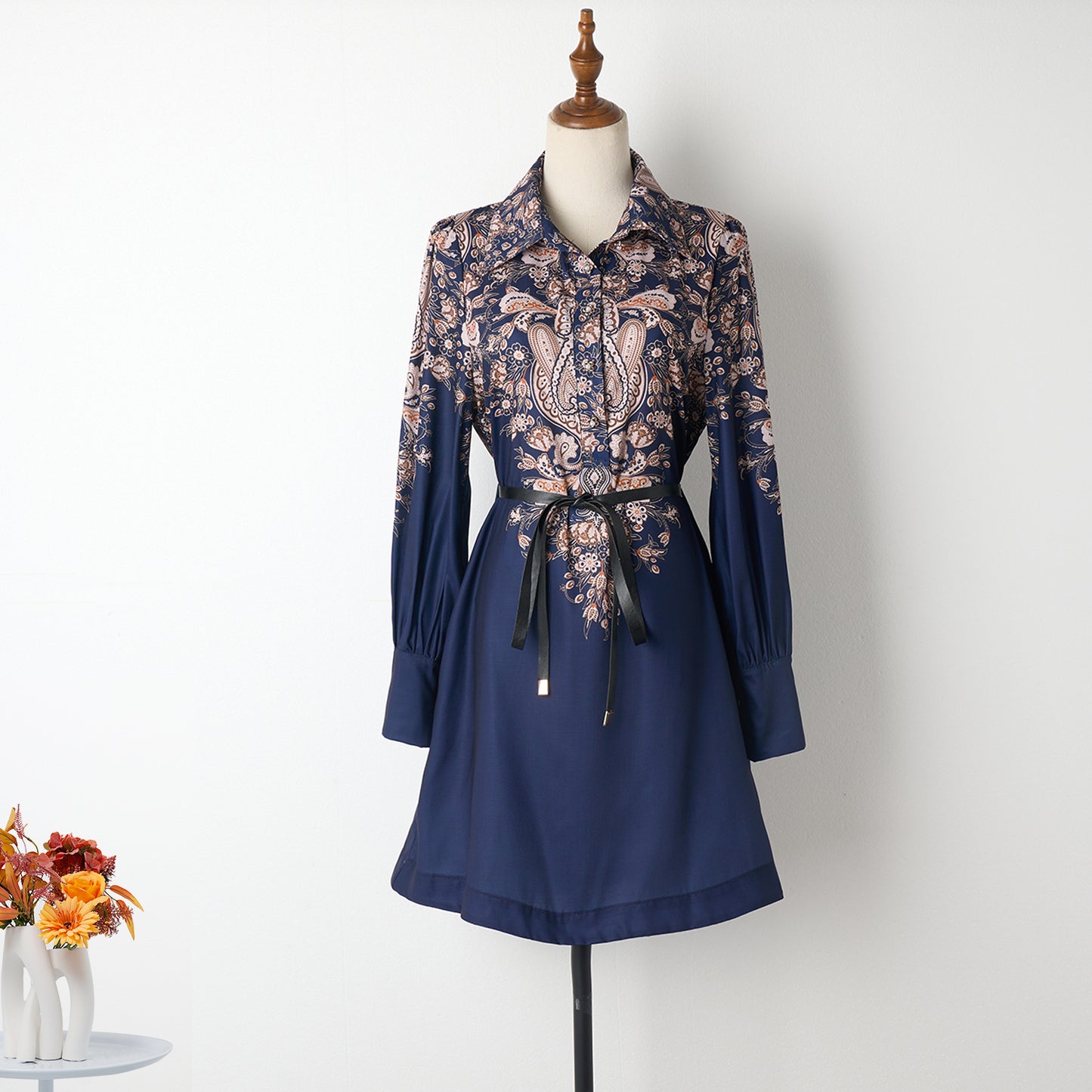 Paisley Lace Up Navy Dress