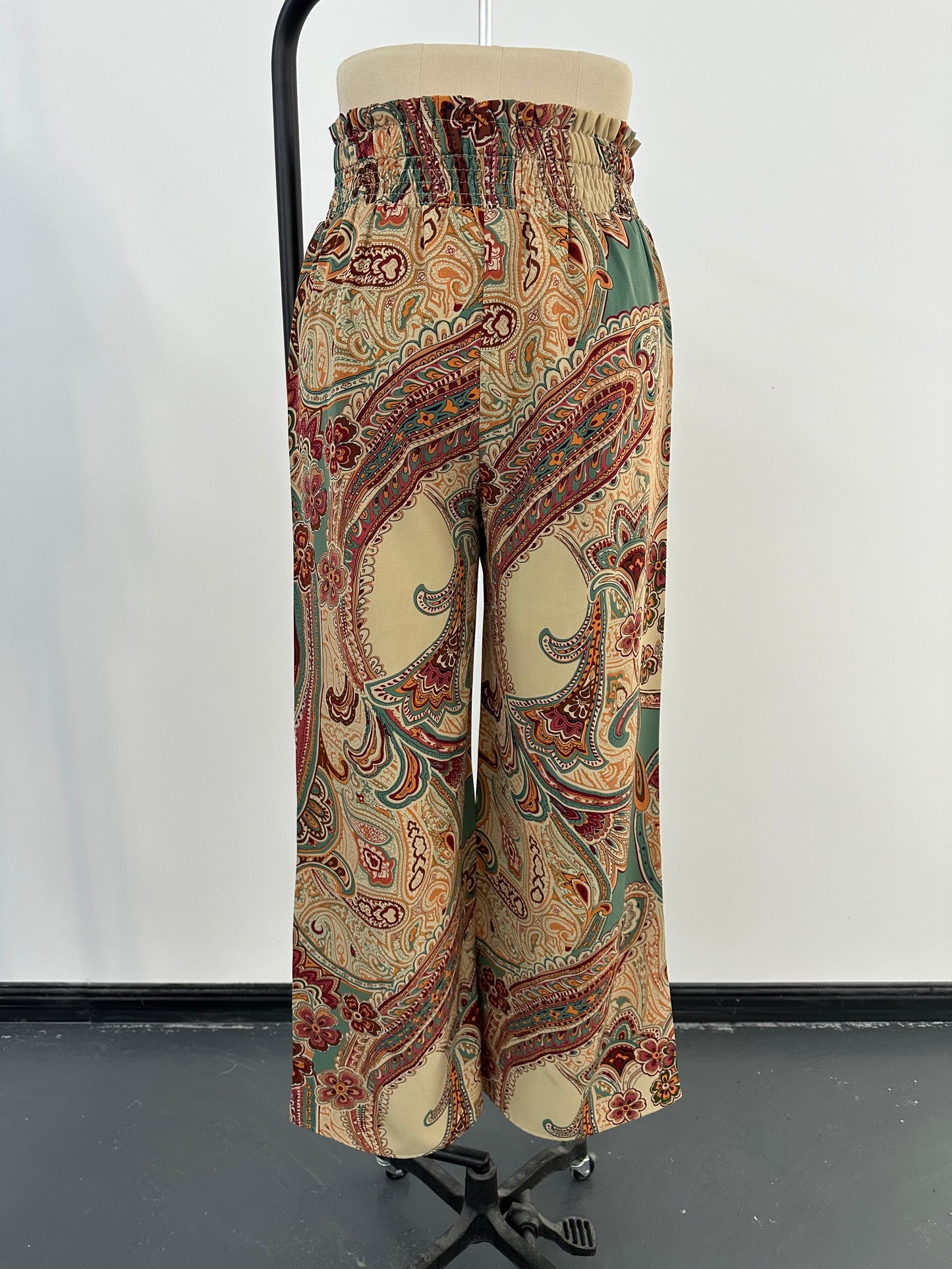 Paisley Printed Elastic Waist Wide Leg Pants