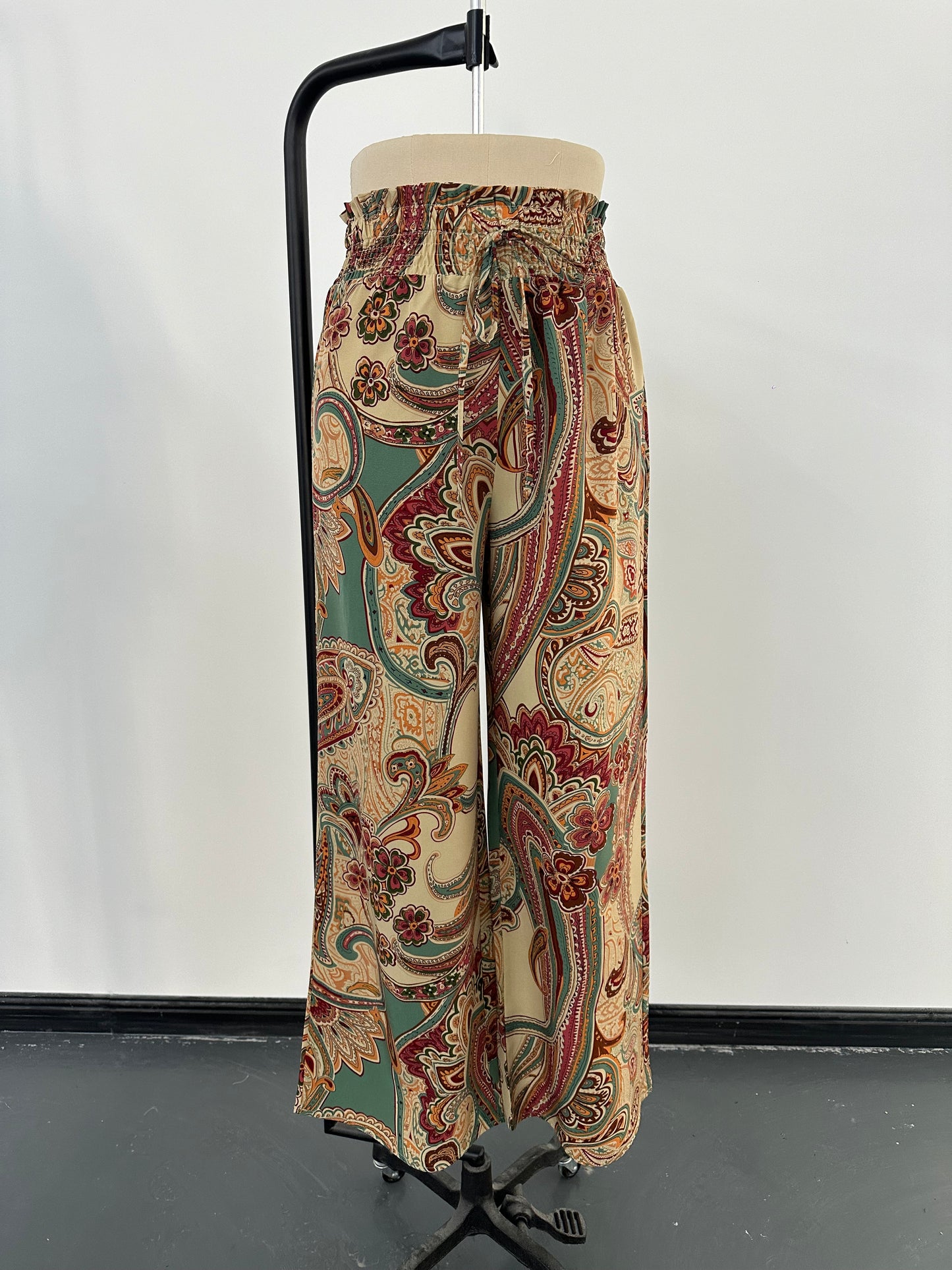Paisley Printed Elastic Waist Wide Leg Pants