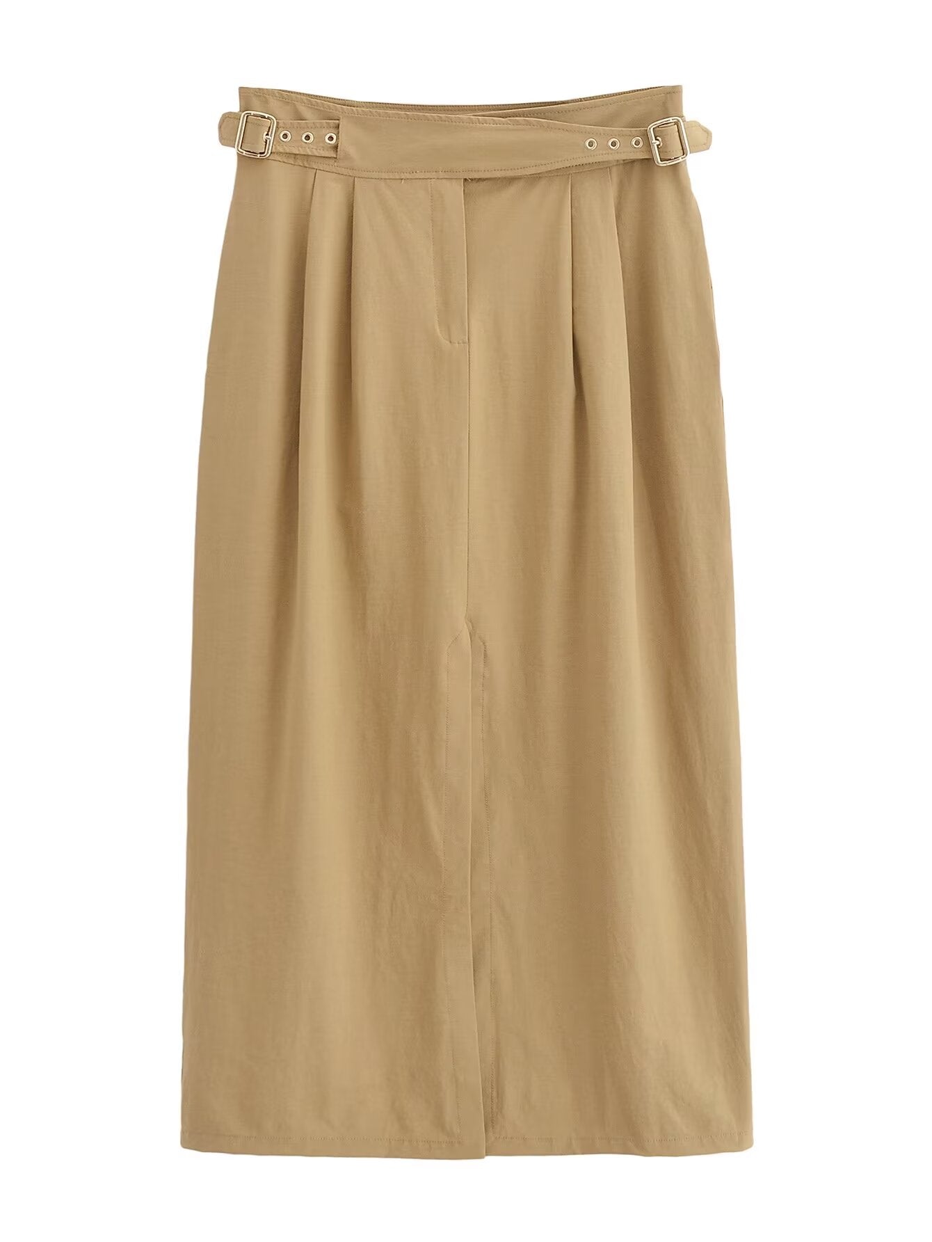 Khaki Buckle Midi Skirt