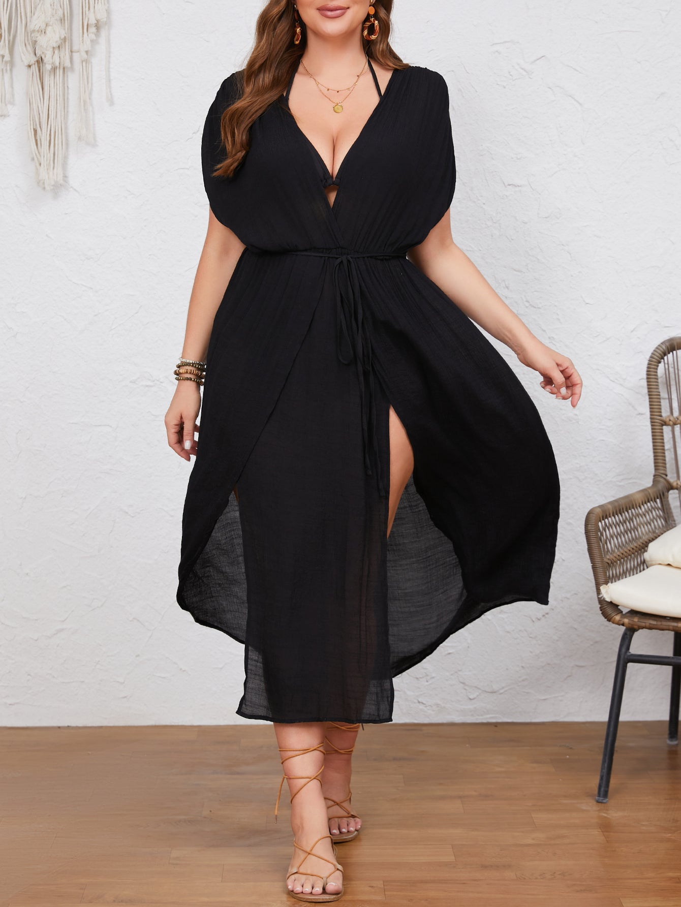 Black Deep V-neck Curvy Cover-up w/ Side Slit