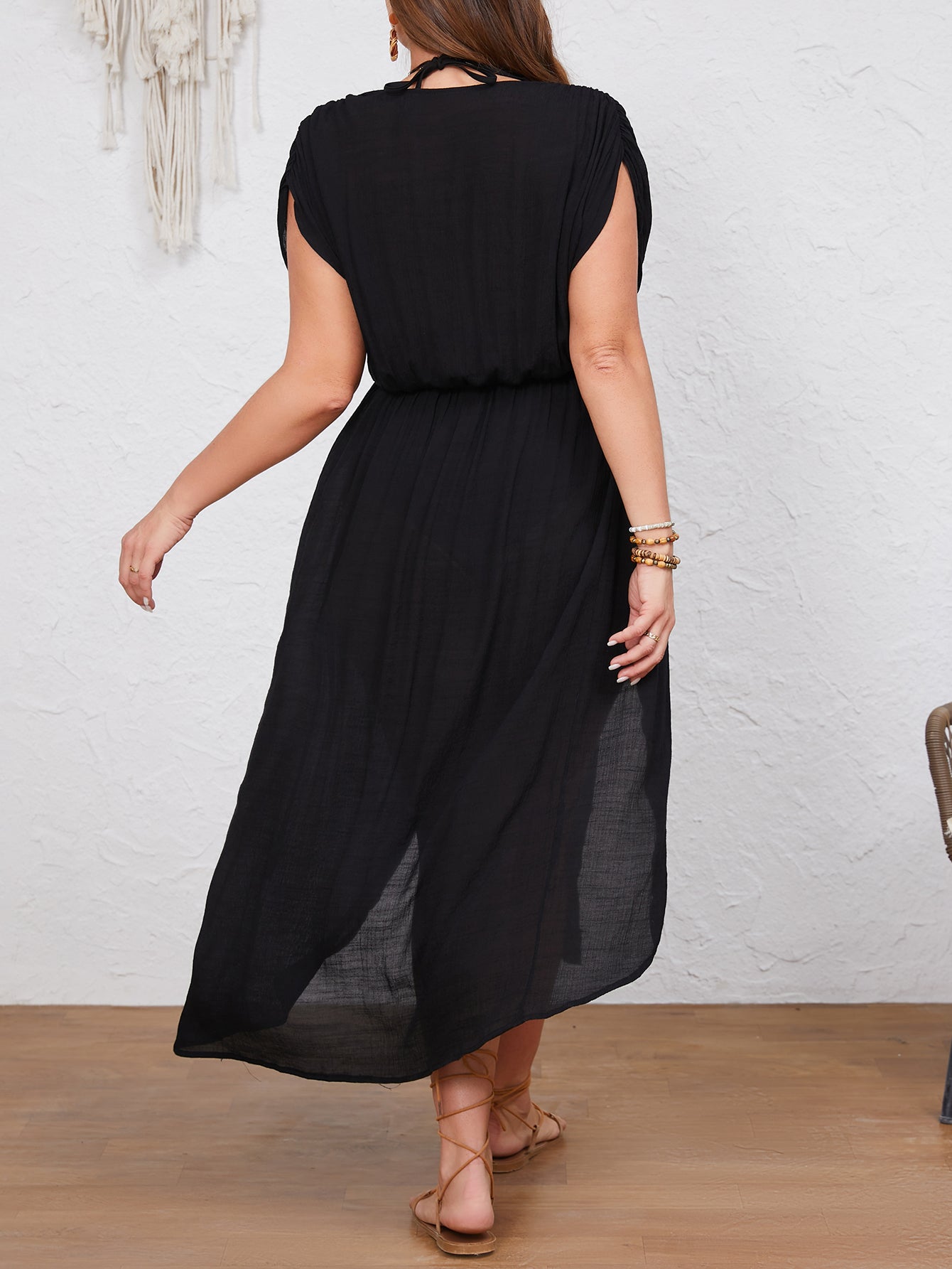 Black Deep V-neck Curvy Cover-up w/ Side Slit