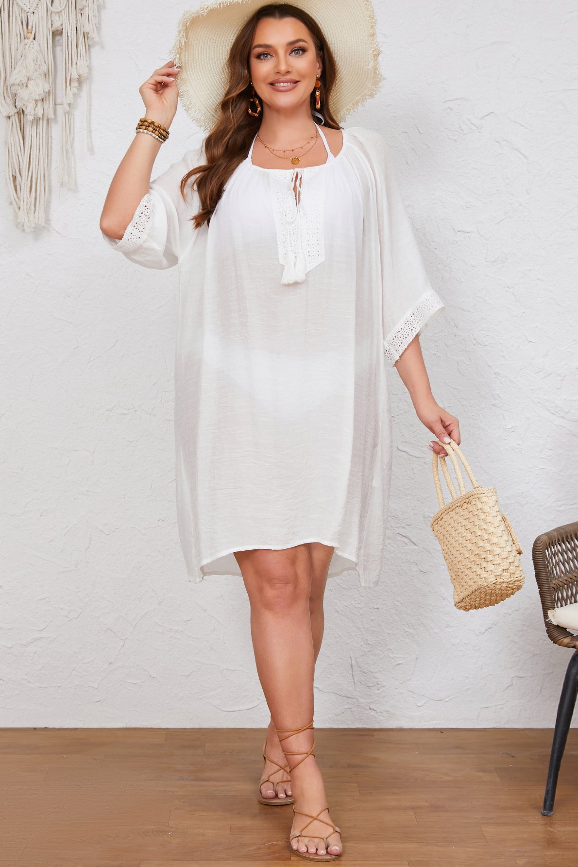 White V neck Loose Curvy Cover-up