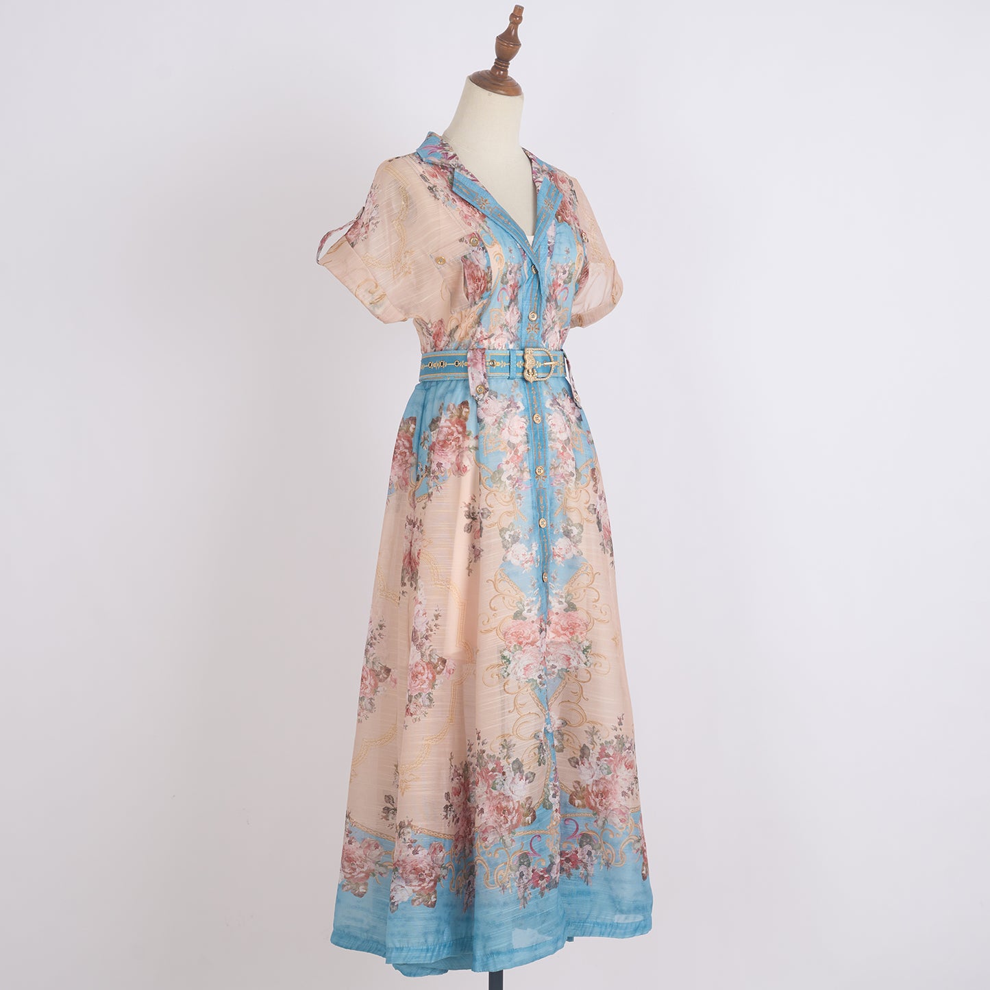 Printed Lapel Single Breasted A Line Dress w/ Belt