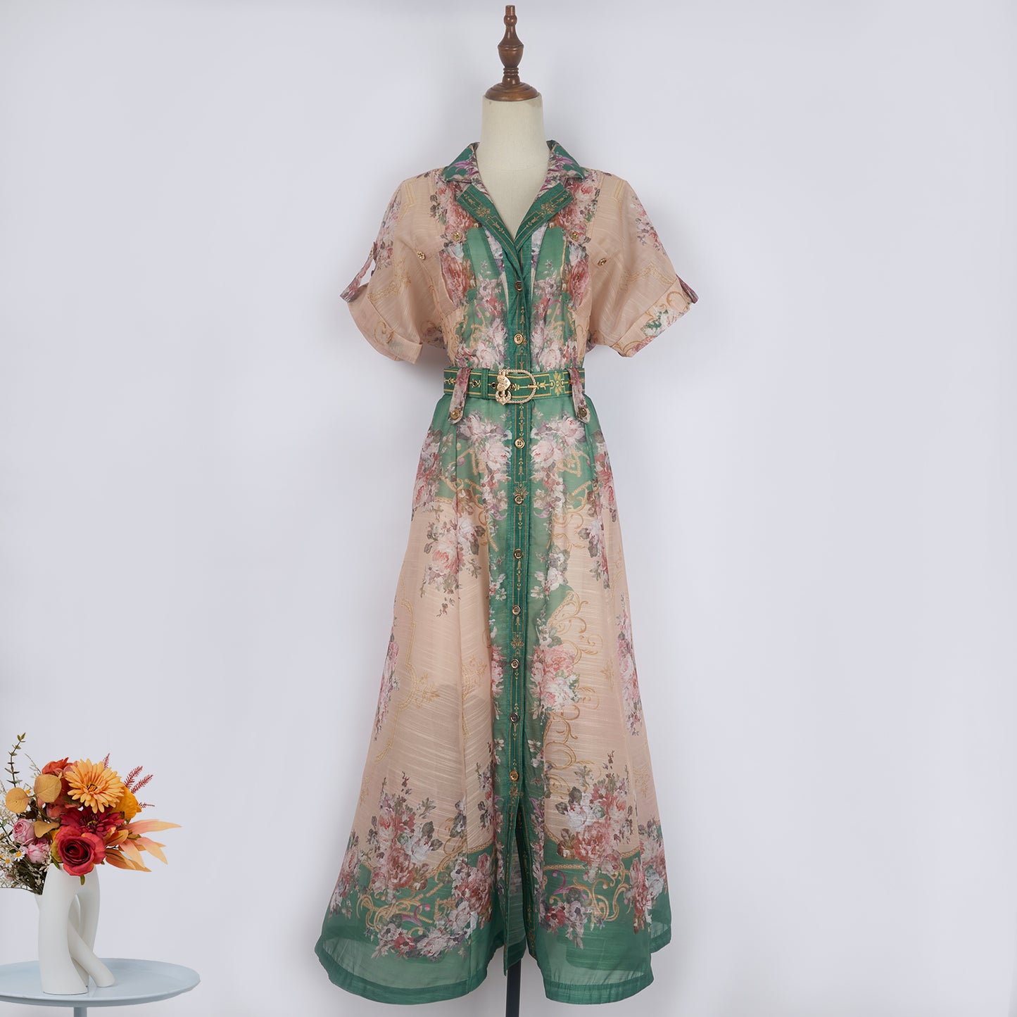 Printed Lapel Single Breasted A Line Dress w/ Belt