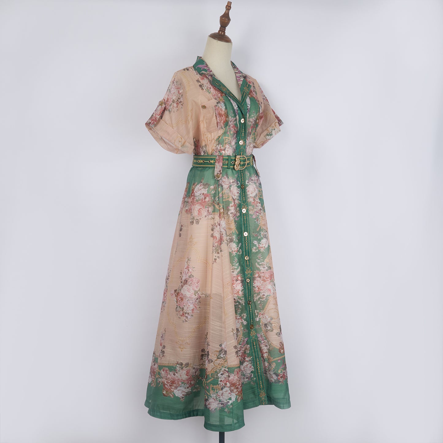 Printed Lapel Single Breasted A Line Dress w/ Belt