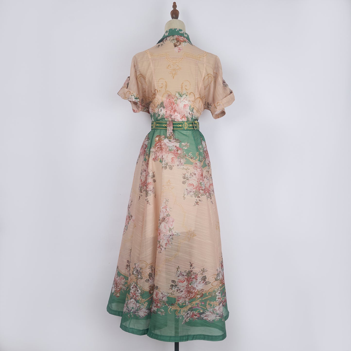 Printed Lapel Single Breasted A Line Dress w/ Belt
