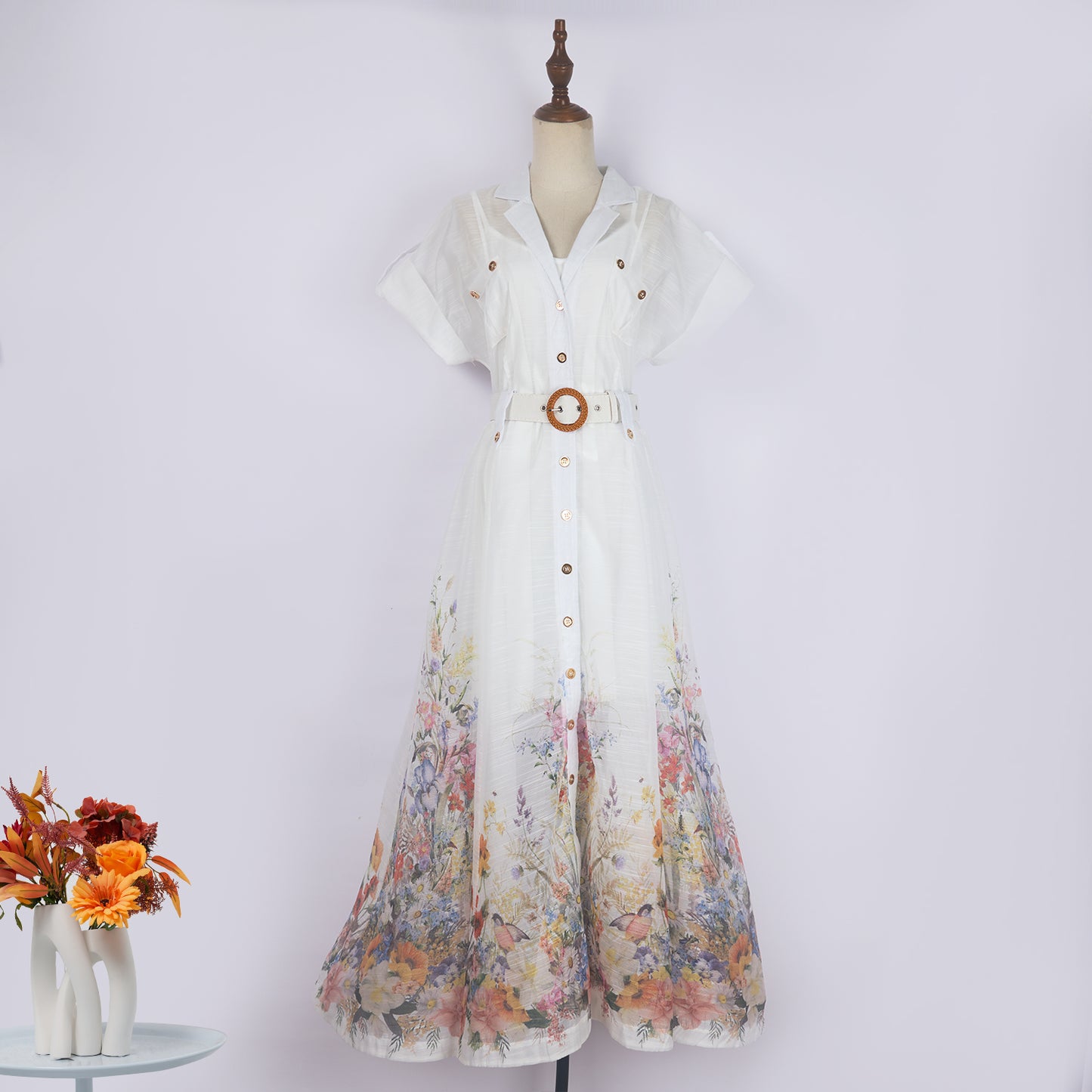Printed Lapel Single Breasted A Line Dress w/ Belt
