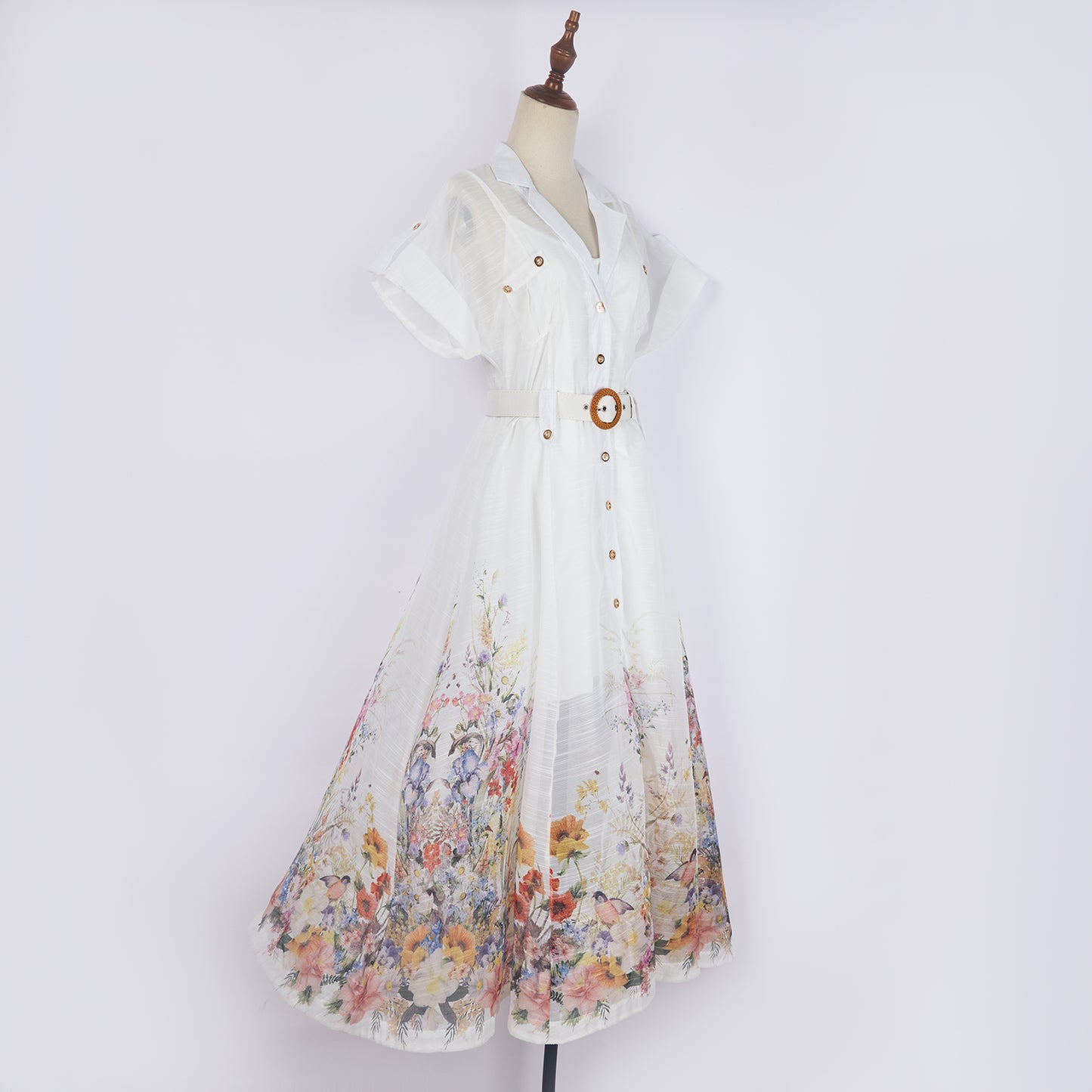 Printed Lapel Single Breasted A Line Dress w/ Belt