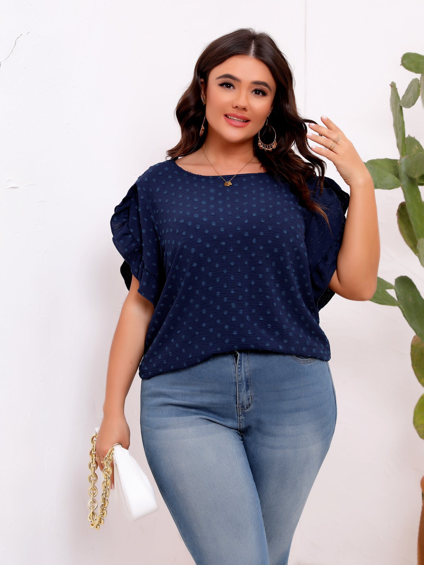 Navy Ruffle Textured Blouse