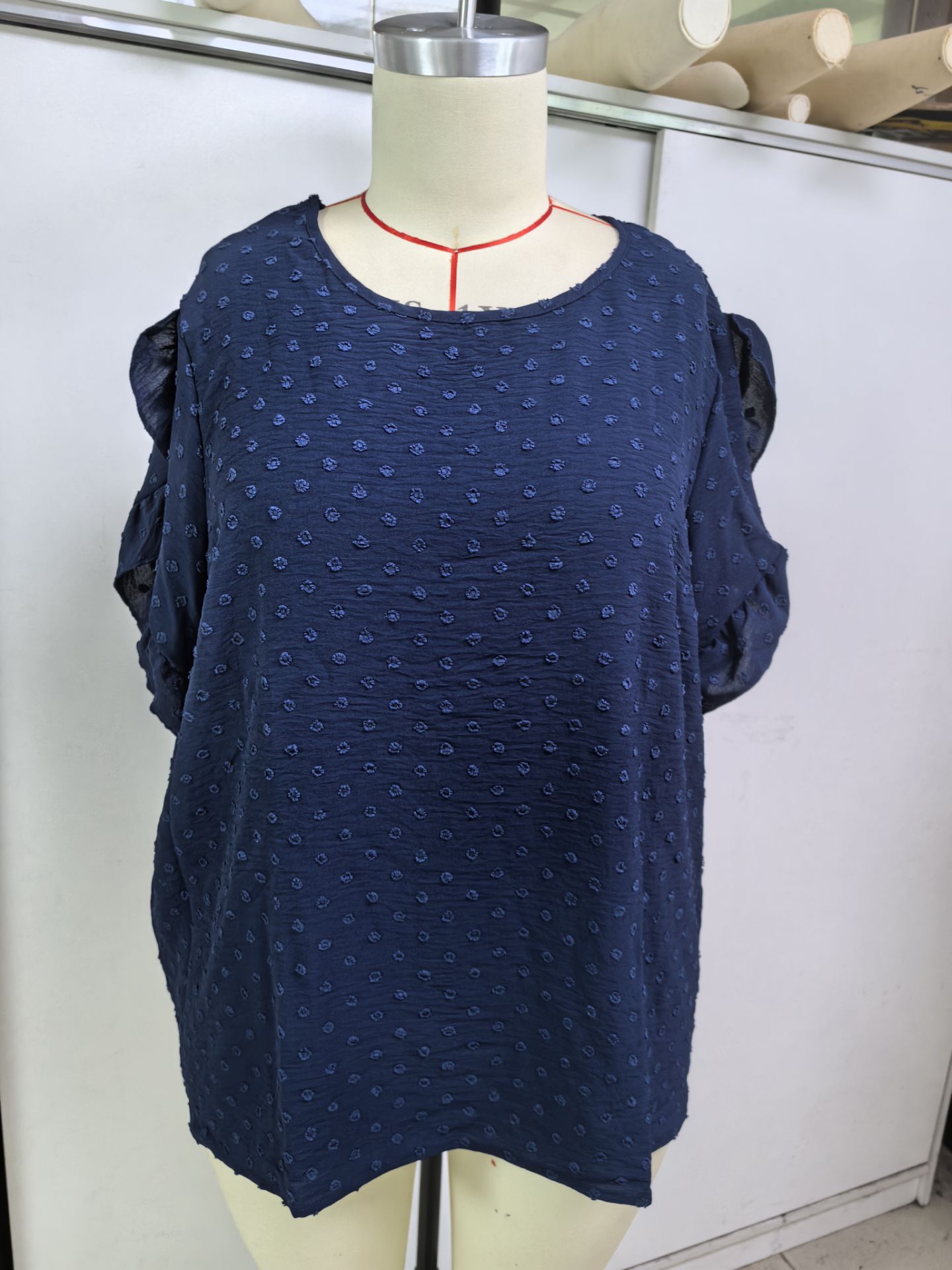 Navy Ruffle Textured Blouse