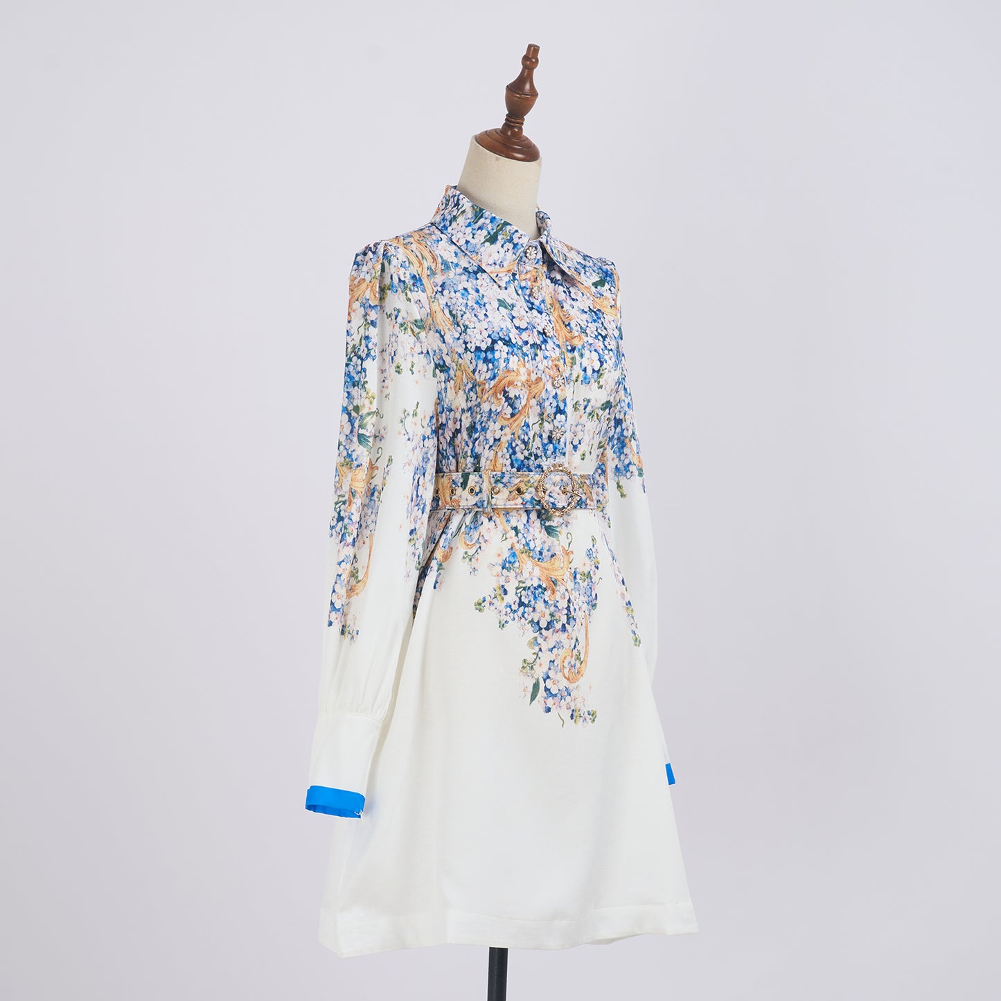 Summer Blue Floral Lapel Long Sleeve Dress w/ Belt