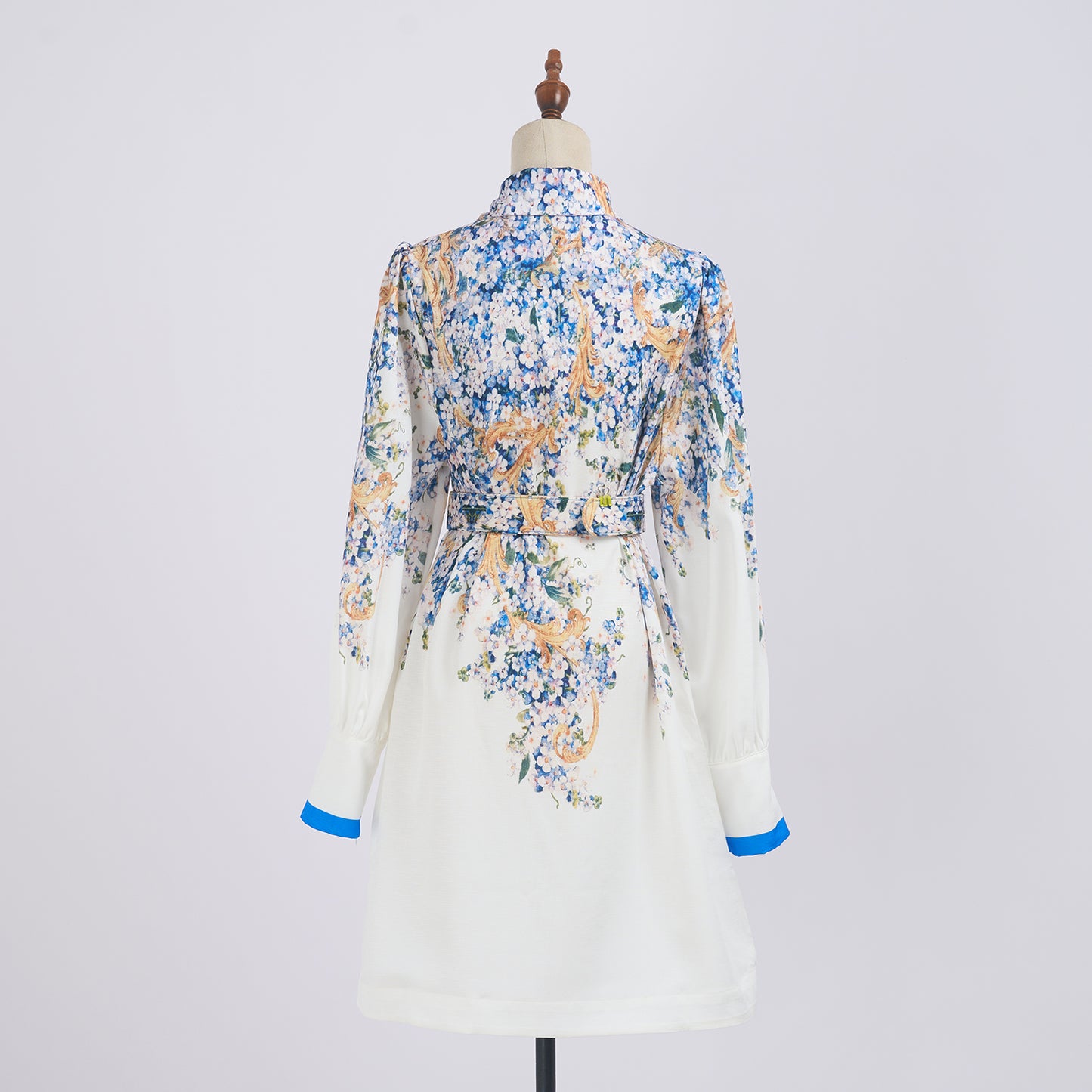 Summer Blue Floral Lapel Long Sleeve Dress w/ Belt