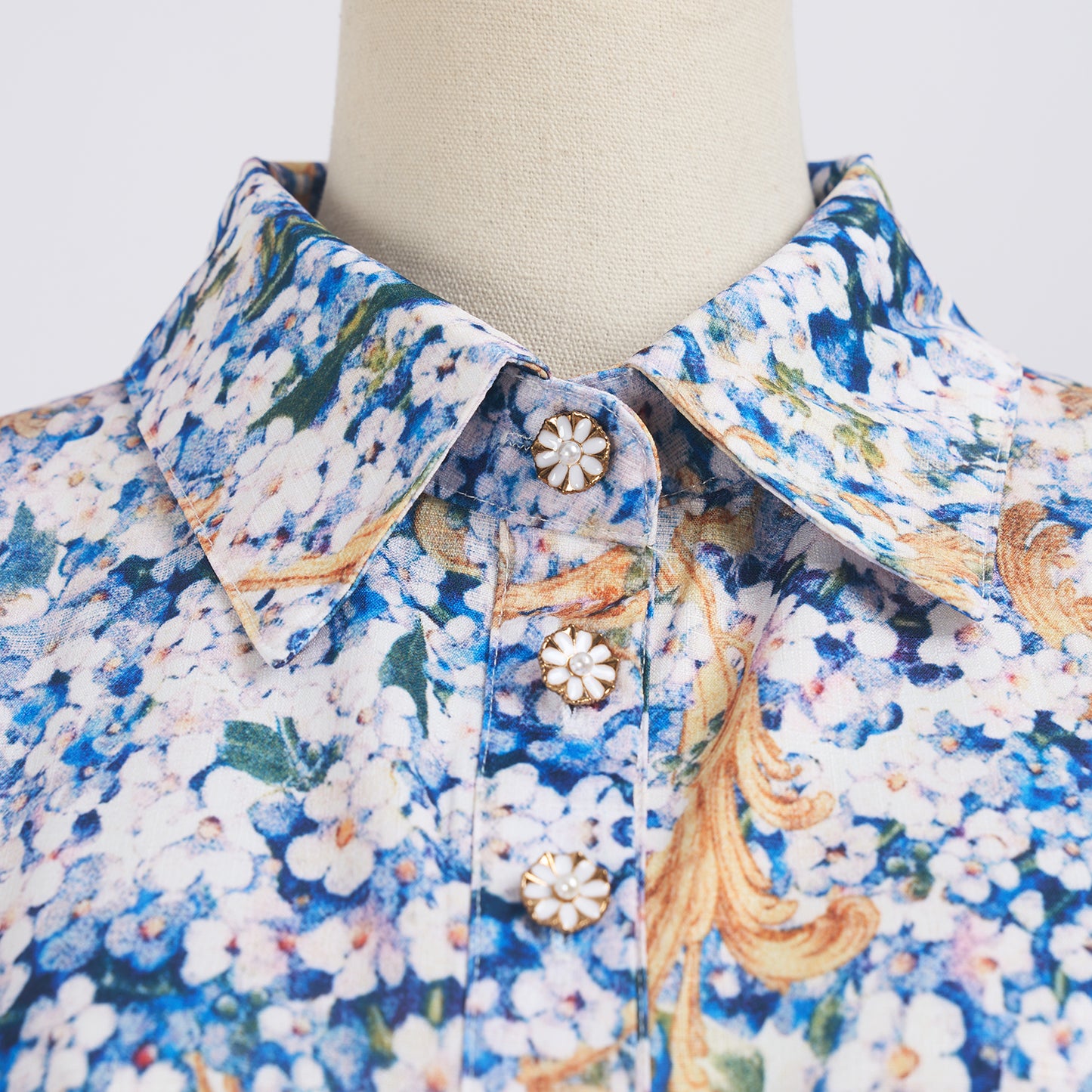 Summer Blue Floral Lapel Long Sleeve Dress w/ Belt