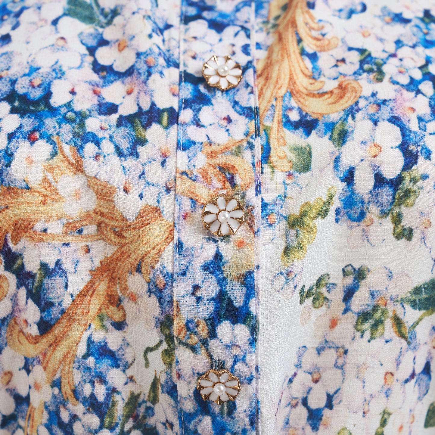 Summer Blue Floral Lapel Long Sleeve Dress w/ Belt