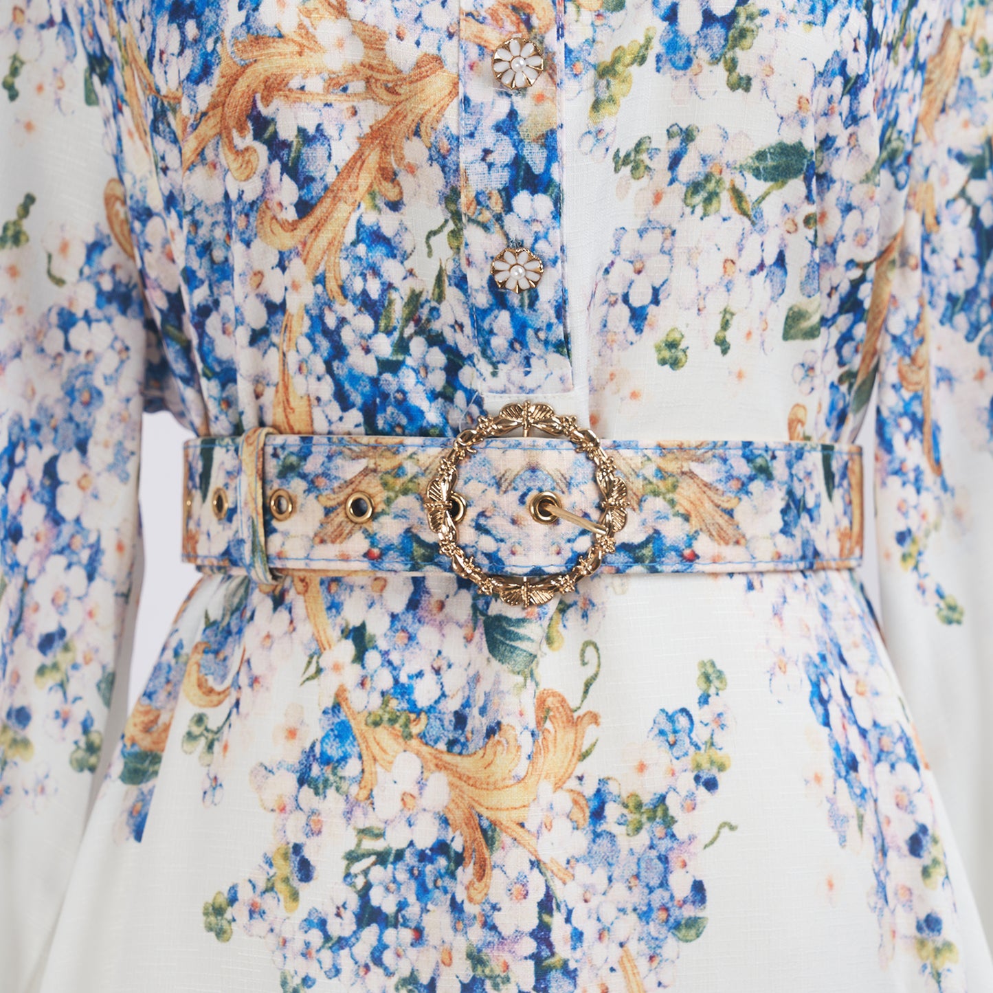 Summer Blue Floral Lapel Long Sleeve Dress w/ Belt