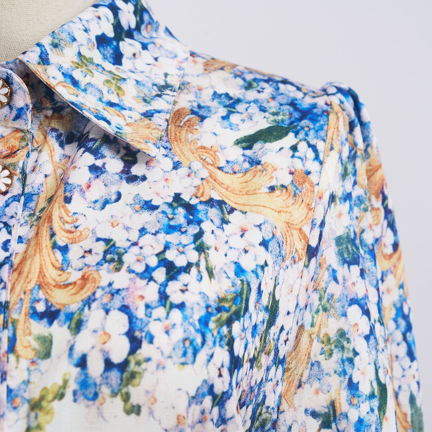 Summer Blue Floral Lapel Long Sleeve Dress w/ Belt