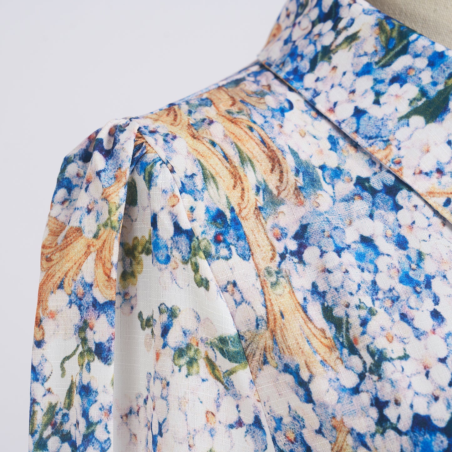 Summer Blue Floral Lapel Long Sleeve Dress w/ Belt