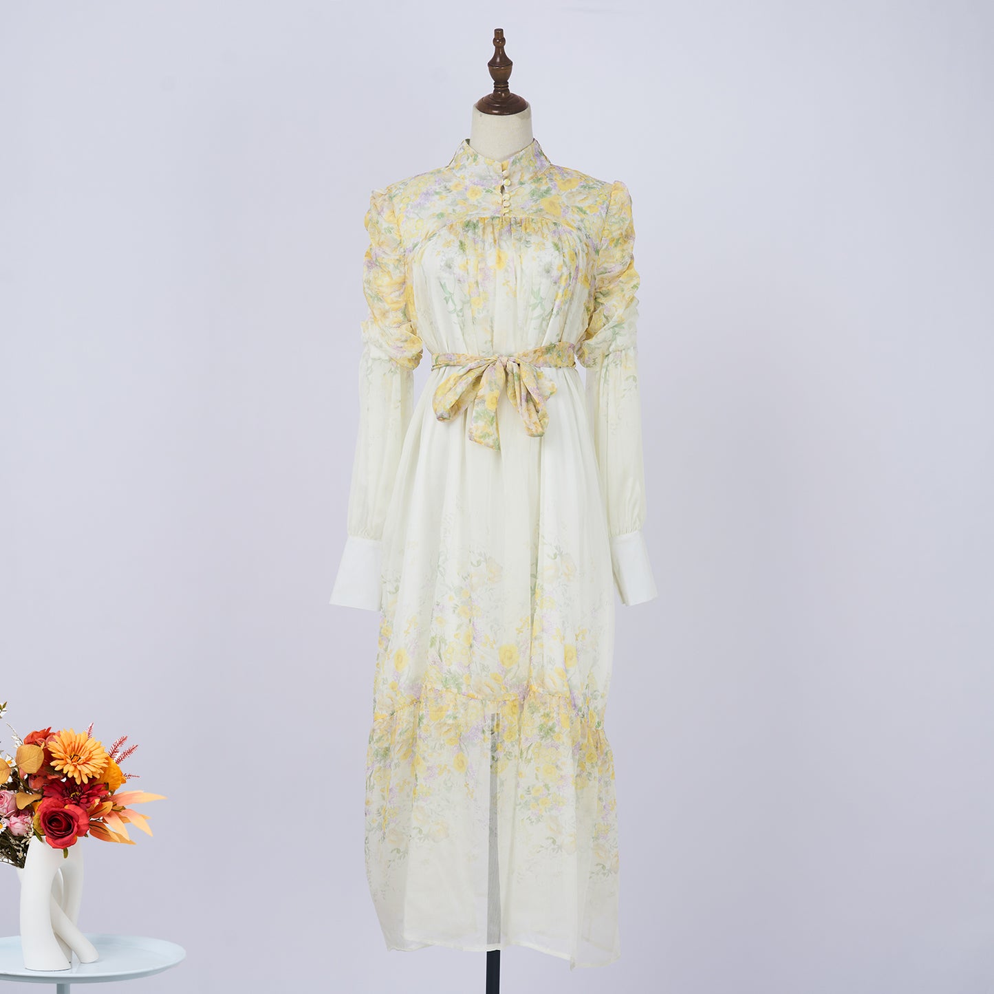 Floral Stand Collar Long Sleeve Tie Waist Midi Dress