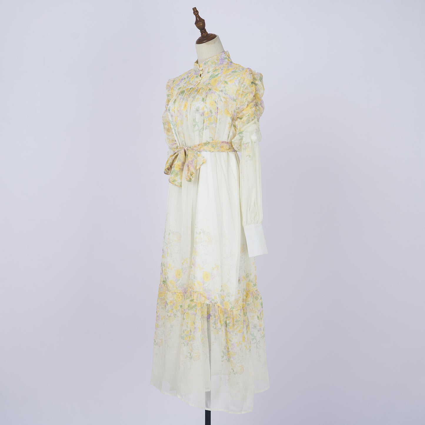 Floral Stand Collar Long Sleeve Tie Waist Midi Dress
