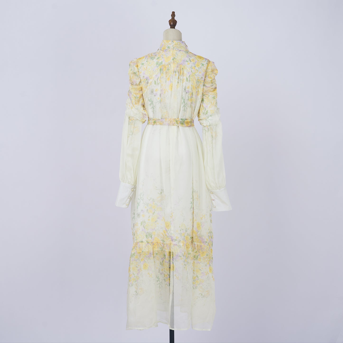 Floral Stand Collar Long Sleeve Tie Waist Midi Dress
