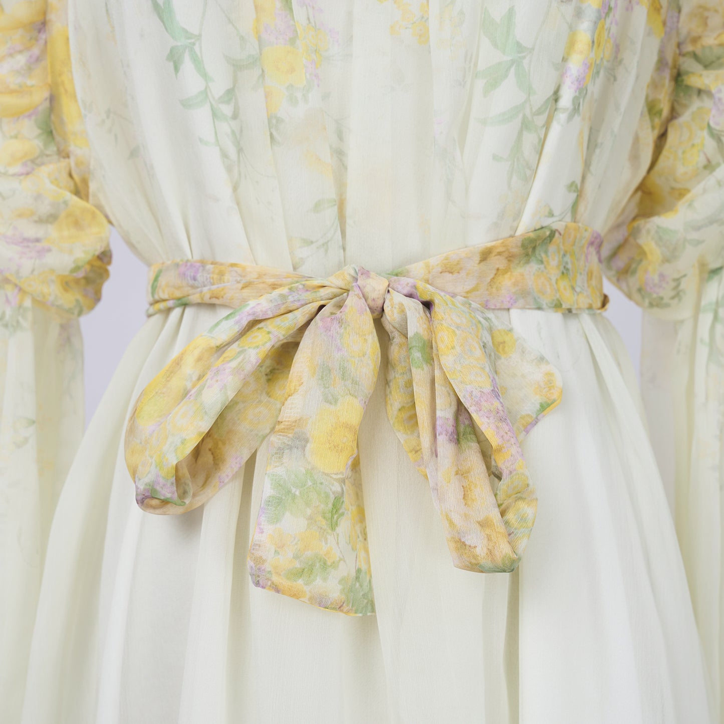 Floral Stand Collar Long Sleeve Tie Waist Midi Dress