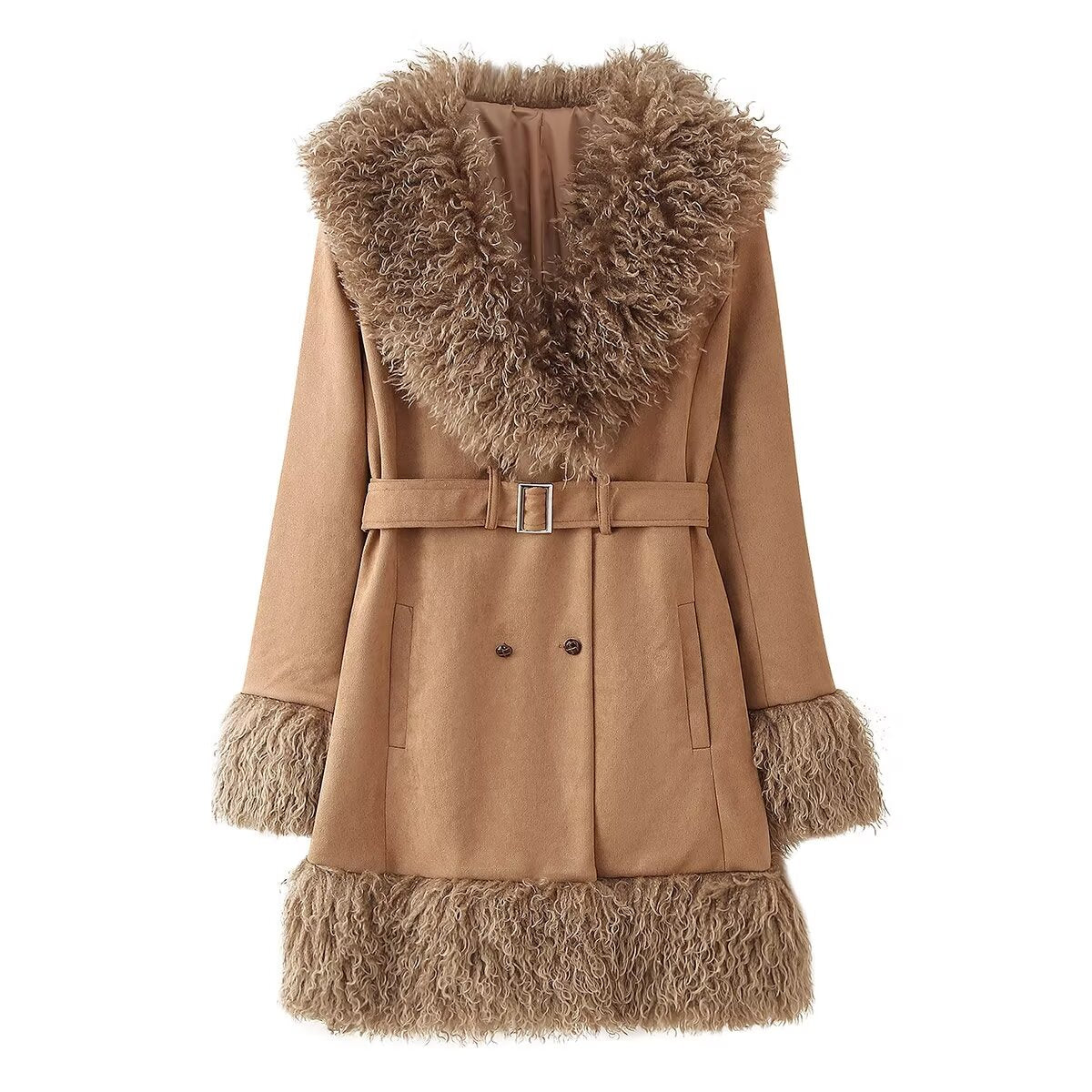 Faux Fur Trim Coat w/ Belt