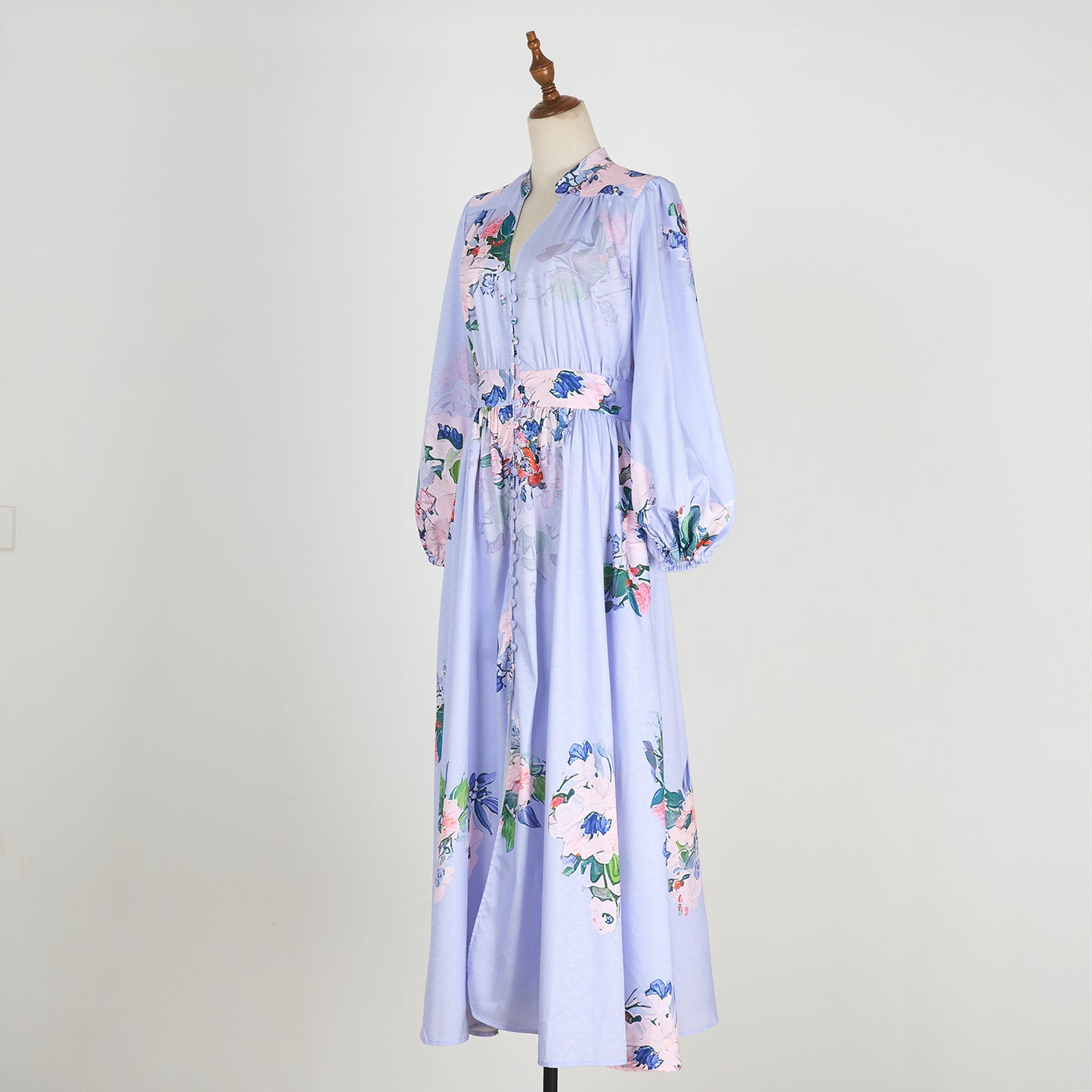 V-neck Buckle Lantern Sleeves Long Dress