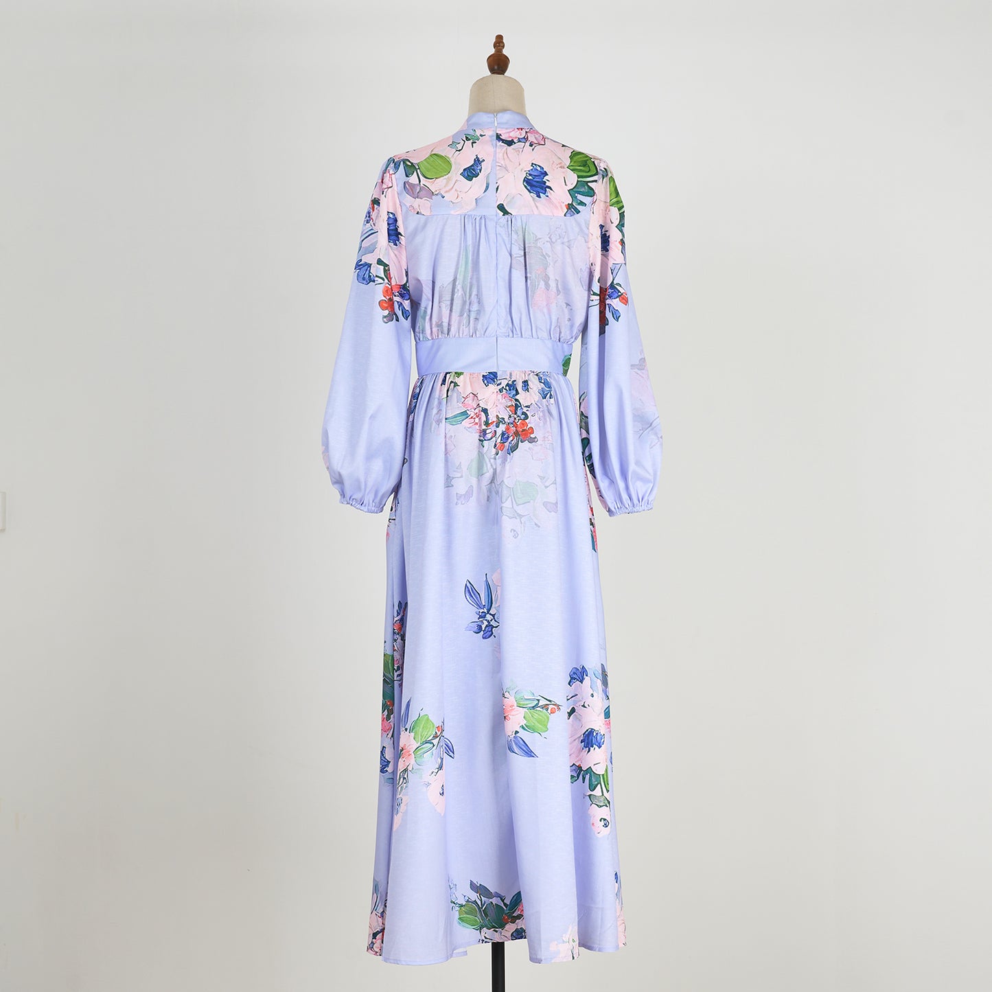 V-neck Buckle Lantern Sleeves Long Dress
