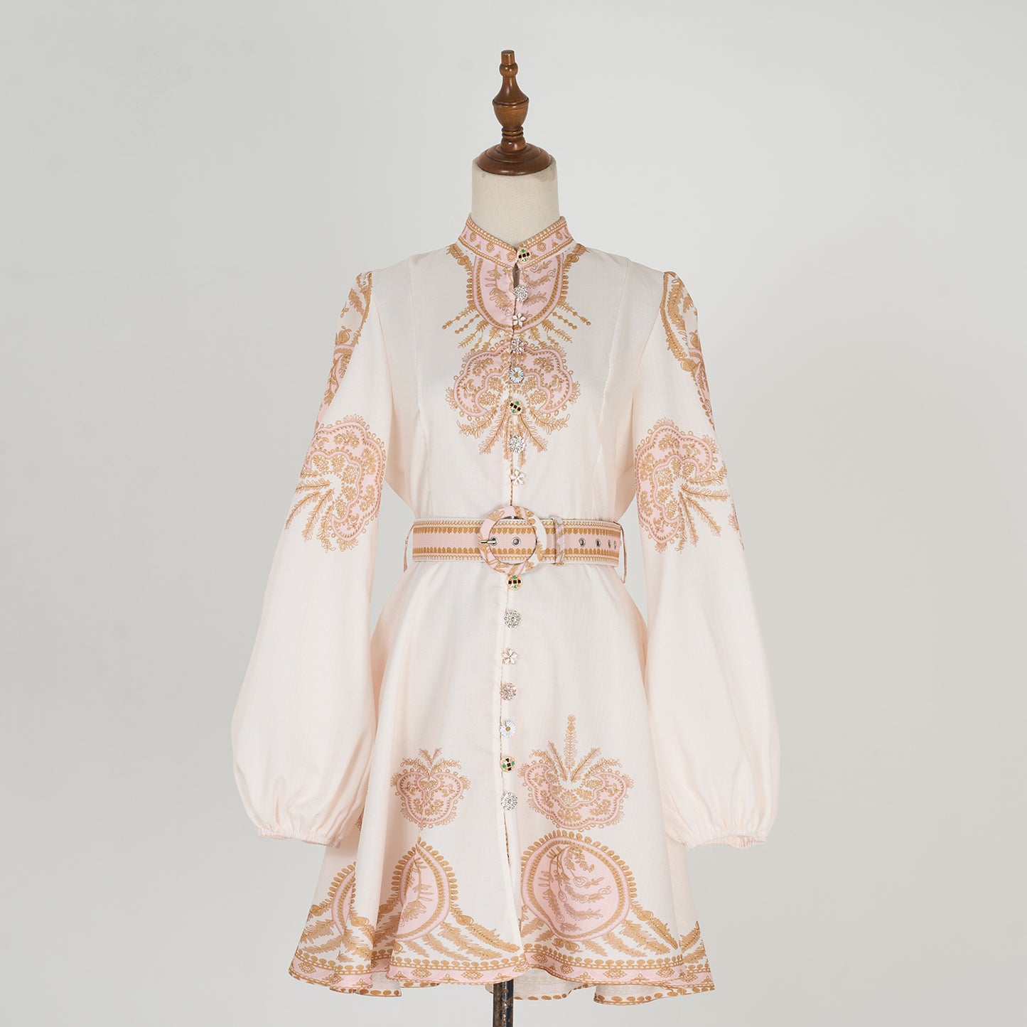 Stand Collar Printed Short Dress