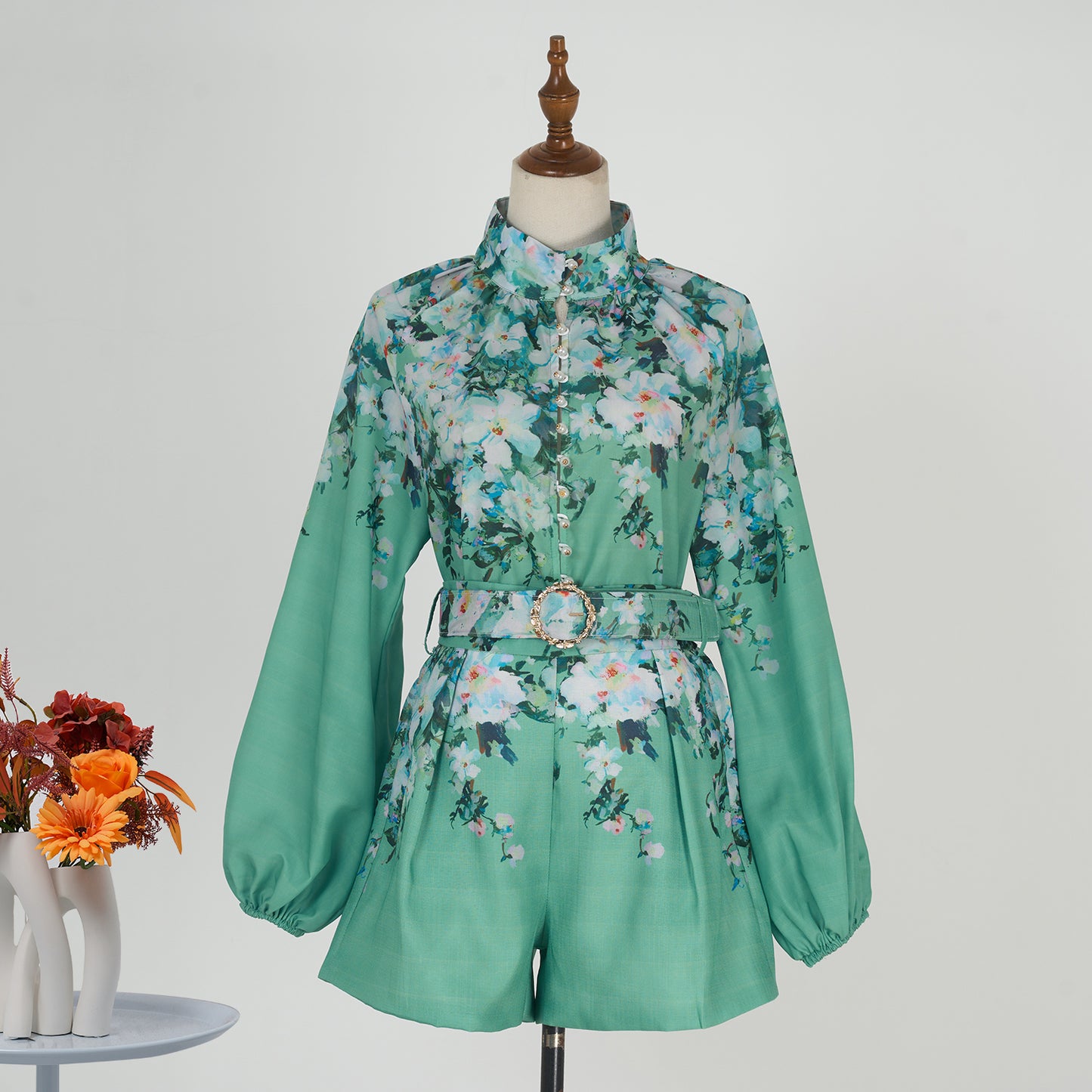 Standing Collar Shirt Elastic Waist Short Set